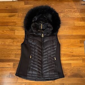 Michael Kors Black Quilted Vest with Fur Hood and gold accents